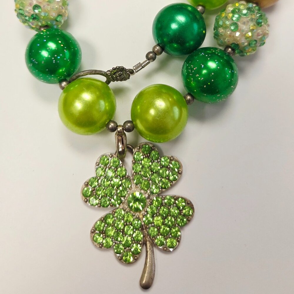Girls Bubble Chunky Bead Necklace - Sparkle Shamrock - St. Patrick's Day